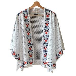 Tolani Boho One Size White Eyelet Crocheted Kimono with Embroidered Trim Cotton